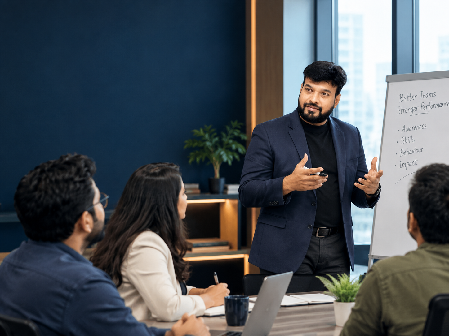 Professionals working together in a focused workplace discussion